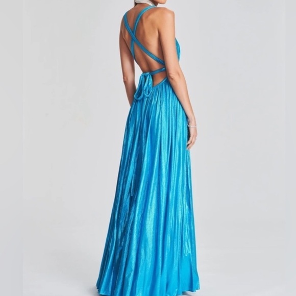 NWT RETROFETE Tova Shimmer Halter Dress in Aqua Blue - Picture 3 of 11